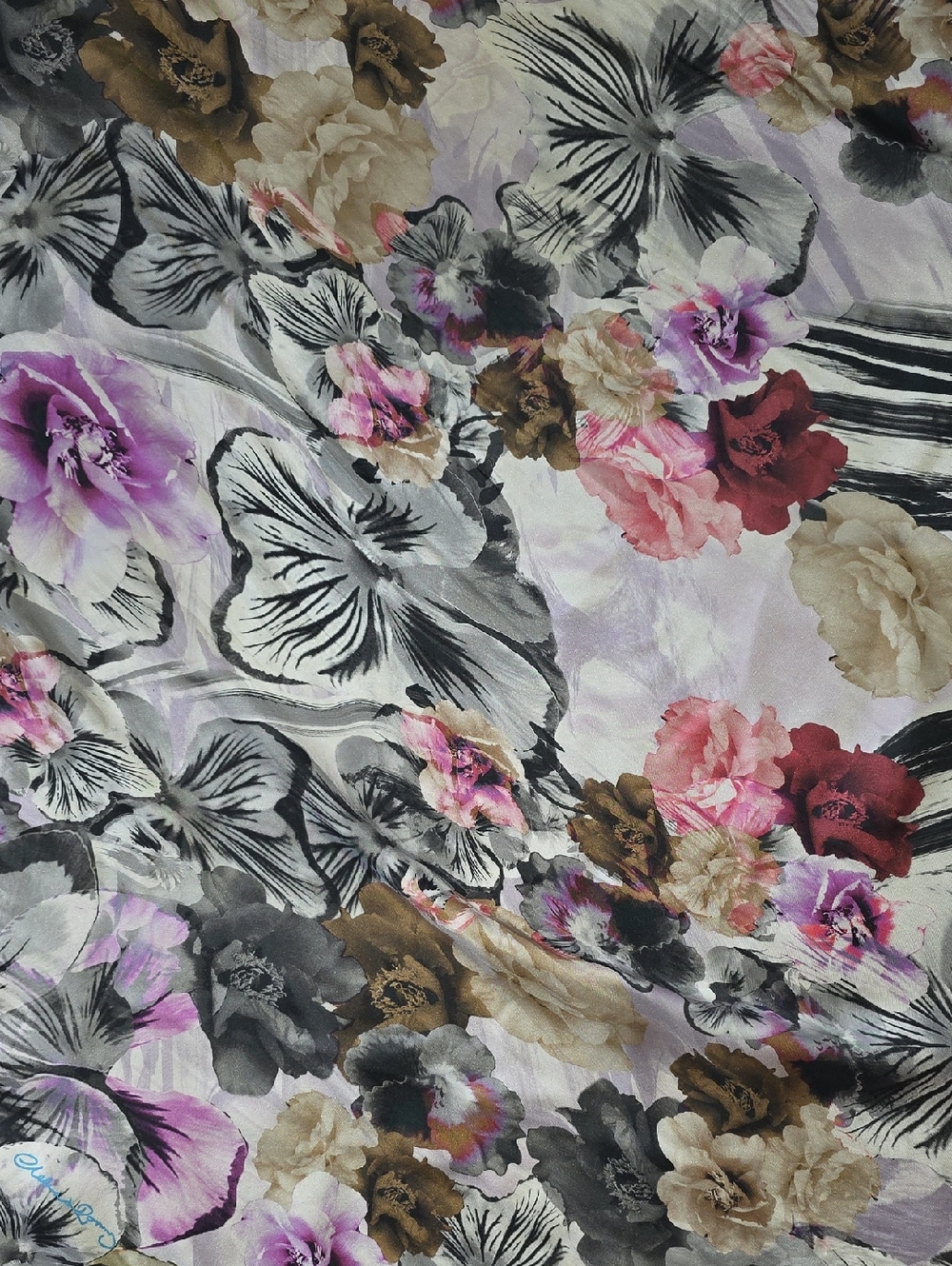 Clelia & Romy Silk Scarf in Pink, Purple, Black & Tan